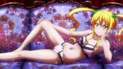  bare_arms bare_legs blonde_hair blush bra breasts closed_mouth collarbone couch eyecatch female frown green_eyes groin hair_bobbles hair_ornament hand_on_own_knee head_rest highres himegami_kodama knee_up lingerie long_hair lying maken-ki! navel on_back on_couch panties pink_bra pink_panties sidelocks small_breasts solo sparkle twintails underwear underwear_only v-shaped_eyebrows 