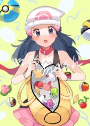  :o ? bad_id bad_pixiv_id bag beanie berry_(pokemon) black_hair black_shirt blush bracelet commentary_request dawn_(pokemon) duffel_bag eyelashes female glint grey_eyes hair_ornament hairclip hat holding holding_bag jewelry level_ball long_hair looking_at_viewer love_ball max_revive nest_ball open_bag open_mouth pink_skirt poke_ball poke_ball_(basic) poke_ball_print pokemon pokemon_dppt poketch potion_(pokemon) quick_ball red_scarf repeat_ball revive_(pokemon) ririmon scarf shirt skirt sleeveless sleeveless_shirt solo tongue ultra_ball watch white_hat wristwatch yellow_bag 