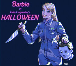  artist_name barbie_(character) barbie_(franchise) blonde_hair blue_eyes blue_pants blue_shirt character_name copyright_name earrings english_commentary female halloween_(movie) highres holding holding_head holding_knife horror_(theme) jewelry knife lipstick long_hair makeup michael_myers mozg_(bruh) pants pink_nails pocket shirt simple_background solo standing stud_earrings 