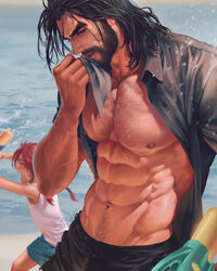  1boy abs absurdres aenaluck bara bare_pectorals beard black_hair black_pants carlnes_(aenaluck) chest_hair day ellana_(aenaluck) facial_hair female grey_shirt highres holding holding_water_gun large_pectorals male_focus medium_hair muscular muscular_male navel nipples open_clothes open_shirt original outdoors pants pectorals shirt uncle_and_niece water water_gun 