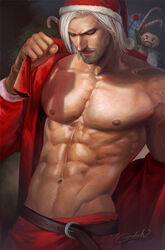  1boy abs absurdres aenaluck artist_name bara bare_pectorals beard belt box brown_belt candy candy_cane character_doll chest_hair christmas doll facial_hair food gift gift_box grey_hair highres holding holding_sack large_pectorals male_focus master_(aenaluck) muscular muscular_male navel nipples open_clothes open_shirt original pants pectorals red_pants red_shirt sack santa_costume shirt short_hair solo stuffed_toy 