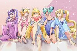  5girls ahoge barefoot bed blonde_hair blue_bow bow drill_hair eyepatch full_body green_eyes green_hair heart highres hugging_object indoors kora_(xenoblade) long_hair long_sleeves multiple_girls mythra_(xenoblade) nightgown okurasato one_eye_closed open_mouth orange_eyes pajamas pillow pillow_hug praxis_(xenoblade) purple_hair sheba_(xenoblade) short_hair soles swept_bangs toes twintails vale_(xenoblade) very_long_hair xenoblade_chronicles_(series) xenoblade_chronicles_2 yellow_eyes 