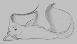  2016 angelfish angie_(shark_tale) arm_fin dorsal_fin eyebrows featureless_chest featureless_crotch female feral fin fish head_fin lidded_eyes lips lying marine monochrome noseless nude on_side pectoral_fin semi-anthro shark_tale solo tail tail_fin yaroul 