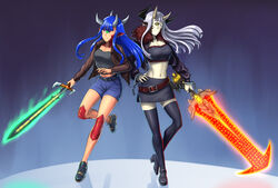  2girls bare_legs belt black_belt black_footwear black_jacket black_skirt blue_hair blue_shorts blunt_bangs boots breasts brown_belt brown_jacket cacodemon commentary cosplay_request cropped_jacket crucible_(doom) cuffs cyclops doom_(series) doom_eternal energy_sword english_commentary frown full_body fur_collar glowing glowing_sword glowing_weapon green_eyes grey_hair hand_on_own_hip hexen high_heel_boots high_heels highres hime_cut holding holding_sword holding_weapon horns jacket long_hair long_sleeves medium_breasts midriff monster_girl multiple_girls multiple_horns navel one-eyed open_clothes open_jacket pale_skin pencil_skirt personification pointy_ears quietus_(hexen) scales shoes shorts side_slit skirt split_mouth strapless substance20 sword thigh_boots thighhighs tube_top weapon yellow_eyes zettai_ryouiki zipper 