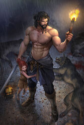  1boy abs absurdres aenaluck animal bandaged_foot bandages bara beard belt black_hair black_pants boots brown_belt brown_dress carlnes_(aenaluck) chest_hair dress ellana_(aenaluck) facial_hair female fire highres holding holding_sword holding_torch holding_weapon large_pectorals long_hair medium_hair muscular muscular_male navel nipples original outdoors pants pectorals ponytail rain red_hair sandals sword topless_male torch uncle_and_niece water_drop weapon wolf 