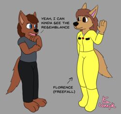  anthro barefoot blue_eyes bowman&#039;s_wolf breasts brown_body brown_fur brown_hair canid clothed clothing dialogue duo english_text feet female florence_ambrose freefall_(webcomic) fully_clothed fur gesture hair hi_res lani_(lonnyk) lonnyk mammal simple_background tail text waving yellow_clothing 