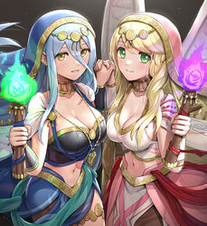  2girls alternate_costume angel_wings azura_(fire_emblem) azura_(hatari)_(fire_emblem) bandeau black_background black_bandeau blonde_hair blue_cape blue_hair blush breasts cape circlet cleavage collar collarbone commentary_request cowboy_shot crop_top feathered_wings fire_emblem fire_emblem:_radiant_dawn fire_emblem_fates fire_emblem_heroes gonzarez green_eyes grin hair_between_eyes hands_up highres holding holding_hands holding_torch large_breasts leanne_(fire_emblem) leanne_(hatari)_(fire_emblem) long_hair looking_at_viewer midriff multiple_girls navel official_alternate_costume parted_lips partial_commentary see-through sidelocks single_leg_pantyhose smile standing thighlet torch vambraces veil very_long_hair waist_cape white_cape white_wings wings yellow_eyes 