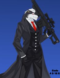  5_fingers anthro barrett barrett_m82a1 black_clothing black_coat black_nose black_suit black_topwear blue_background canid canine canis cigar cigar_in_mouth clothed clothing coat direlaxion ear_piercing eye_scar facial_scar fingers front_view fully_clothed fur grey_body grey_fur gun hand_in_pocket hi_res male mammal multicolored_body multicolored_fur necktie object_in_mouth piercing pockets portrait ranged_weapon red_eyes red_necktie rifle scar simple_background smoking sniper sniper_rifle snout solo standing suit three-quarter_portrait topwear two_tone_body two_tone_fur weapon white_body white_dress_shirt white_fur wolf 