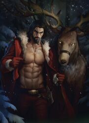  1boy abs aenaluck animal artist_name bara beard belt black_belt black_hair carlnes_(aenaluck) coat facial_hair highres holding holding_sack large_pectorals male_focus medium_hair muscular muscular_male navel night nipples open_clothes open_coat original outdoors pants pectorals red_coat red_pants reindeer sack santa_costume snowing 