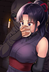  1boy bad_id bad_pixiv_id bare_shoulders black_hair breasts candle chloroform choker elbow_gloves female gloves huyumitsu imminent_rape large_breasts ninja original ponytail purple_eyes rape scowl sleeveless straight 