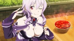  breasts cleavage female food game_cg highres large_breasts looking_at_viewer mole mole_on_breast non-web_source official_art one_eye_closed purple_hair red_eyes smile solo strea_(sao) sword_art_online sword_art_online:_hollow_fragment wet 