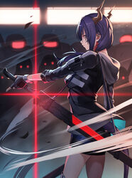  arknights black_gloves black_jacket blue_hair ch&#039;en_(arknights) closed_mouth commentary dragon_horns dragon_tail female fingerless_gloves gloves highres holding holding_sword holding_weapon hood hooded_jacket horns jacket kengzeta long_hair photoshop_(medium) raglan_sleeves red_eyes reunion_soldier_(arknights) solo_focus standing sword tail thighs weapon 