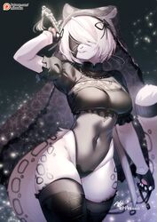  2023 alternate_species anthro anthrofied big_breasts black_clothing blindfold breasts clothed clothing collaboration felid feline female fur furrification hair hi_res legwear mammal missaka nier_automata pantherine platinumgames shepherd0821 snow_leopard solo text white_body white_fur white_hair yorha_2b 