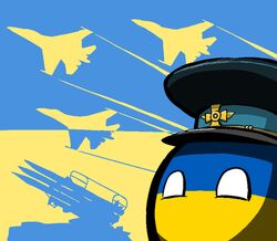  aircraft airplane ambiguous_gender animate_inanimate blue_background clothing countryballs flying hat headgear headwear jet military military_cap military_uniform military_vehicle missile multicolored_body not_furry politics sa-6 simple_background solo sphere_creature su-27 sukhoi surface_to_air_missile two_tone_body ukraine ukrainian_flag uniform unknown_artist vehicle yellow_background 