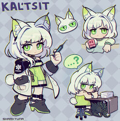  ... ...? ? alternate_costume animal_ears animalization argyle_background arknights artist_name bare_shoulders black_footwear boots cat_ears cat_girl cat_tail character_name chibi coat commentary cropped_torso cup dress emphasis_lines english_commentary feline female from_behind full_body green_dress green_eyes green_sweater grey_background hair_intakes hand_in_pocket high_heel_boots high_heels highres holding holding_cup holding_pen holding_syringe kal&#039;tsit_(arknights) looking_at_viewer material_growth mon3tr_(arknights) mug mug_writing multiple_views off-shoulder_dress off_shoulder open_clothes open_coat oripathy_lesion_(arknights) paper_stack pen raised_eyebrow sharktuna sitting slit_pupils spoken_ellipsis spoken_question_mark standing stool sweater syringe tail watch white_coat wristwatch writing zzz 