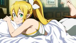  artist_request ass barefoot bed blonde_hair breast_press breasts elf feet female game_cg green_eyes highres indoors large_breasts leafa leafa_(sao:im) leg_up long_hair looking_at_viewer lying non-web_source official_art on_stomach pillow pointy_ears sideboob smile soles solo sword_art_online sword_art_online:_hollow_fragment the_pose 