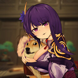  animal_ears armor bare_shoulders blush breasts bridal_gauntlets canine commentary_request dog_ears doge female flower genshin_impact hair_ornament highres japanese_clothes kabosu_(dog) kimono korean_commentary large_breasts long_hair long_sleeves looking_at_viewer mixed-language_commentary mole mole_under_eye open_mouth parted_lips partial_commentary petting purple_eyes purple_flower purple_hair purple_nails raiden_shogun ribbon shiba_inu shoulder_armor solo sparkle speed_lines uncolorcube wide_sleeves 