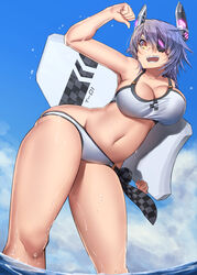  bad_anatomy bare_arms bare_legs bare_shoulders bikini bodyboard breasts brown_eyes cleavage collarbone day eyepatch female headgear highres kantai_collection large_breasts navel ocean official_alternate_costume open_mouth purple_hair short_hair solo swimsuit tenryuu_(kancolle) tenryuu_(swimsuit_mode)_(kancolle) wet white_bikini zombie_mogura 