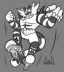  black_and_white boots clothing flying footwear generation_7_pokemon hi_res incineroar jewelry male monochrome nintendo pendant pokemon pokemon_(species) rocket_boots solo soul-silver-dragon tahu_(incineroar) toony 