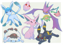  &gt;_&lt; :d border closed_mouth commentary_request crobat espeon flying glaceon grey_eyes highres hoppip igglybuff kikuyoshi_(tracco) lying no_humans on_back open_mouth outside_border pokemon pokemon_(creature) sitting skiploom smile standing teeth toes tongue umbreon white_border wooloo yellow_eyes 