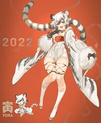  2022 absurdres animal_ears ass_visible_through_thighs bad_id bad_pixiv_id bell black_gloves black_hair blue_eyes breasts chibi chinese_zodiac choker cleavage commentary covered_navel english_text eyelashes female fingernails full_body fur-trimmed_sleeves fur_trim gloves hair_between_eyes highres jacket japanese_clothes kimono long_eyelashes long_fingernails medium_hair multicolored_hair neck_bell oerba_yun_fang open_clothes open_jacket open_mouth original red_choker running sharp_fingernails shiny_skin shokuen_(oxstl) skin_fang skindentation sleeves_past_fingers sleeves_past_wrists smile tail tiger_ears tiger_girl tiger_tail white_choker white_hair white_legwear year_of_the_tiger 