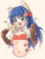  animal_ear_fluff animal_ears bikini blue_eyes blue_hair blush bow brown_gloves cake cake_slice capelet cat_brooch cat_ears commentary_request cropped_torso eating elbow_gloves emurin female flat_chest food fork fruit gloves grey_background hairbow heart highres holding holding_fork long_hair looking_at_food mage_(ragnarok_online) majiko_(emurin) multiple_hair_bows navel open_mouth paw_print_tattoo ragnarok_online red_bikini red_bow simple_background smile solo stomach strawberry strawberry_shortcake swimsuit upper_body white_capelet 