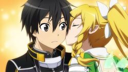  1boy black_eyes black_hair blonde_hair closed_eyes elf female game_cg highres kirito kissing kissing_cheek leafa leafa_(sao:im) long_hair non-web_source official_art pointy_ears straight sword_art_online sword_art_online:_hollow_fragment 