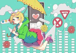  aqua_background aryuma772 balloon bandaid blonde_hair blue_eyes boots bow cloud commentary daisy expressionless falling female flower frilled_skirt frills green_hoodie hair_ornament hairbow hairclip heart highres holding holding_umbrella hood hoodie jewelry kagamine_rin melancholic_(vocaloid) miniskirt necklace pink_footwear pink_skirt protractor red_flower road_sign short_hair sign skirt solo stop_sign swept_bangs traffic_light umbrella vocaloid yellow_flower yellow_umbrella yield_sign 