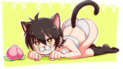  animal_ears black_hair black_socks bra brown_eyes cat_ears cat_nose cat_tail clenched_hands cougar_(cougar1404) fake_nose female food fruit kemonomimi_mode looking_at_viewer nari_(cougar1404) original panties peach short_hair socks solo tail top-down_bottom-up underwear underwear_only white_bra white_panties yellow_background 