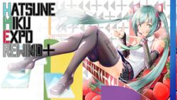  absurdres aqua_eyes aqua_hair black_skirt boots check_commentary clenched_teeth commentary_request detached_sleeves female food fruit hair_ornament hatsune_miku hatsune_miku_(vocaloid4) hatsune_miku_expo headphones highres legs_up long_hair looking_at_viewer nail_polish necktie pointing pointing_at_another shoulder_tattoo sitting sitting_on_object skirt smile strawberry tattoo teeth thigh_boots tom_(rock_n_tom) twintails v4x vocaloid 