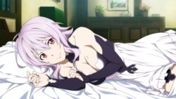  bed breasts cleavage detached_sleeves dress female game_cg highres indoors large_breasts looking_at_viewer lying mole mole_on_breast non-web_source official_art on_bed on_side pillow pov_across_bed purple_hair red_eyes smile solo strea_(sao) sword_art_online sword_art_online:_hollow_fragment white_dress 