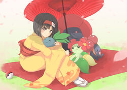  bellossom black_hair brown_eyes cherry_blossoms erika_(pokemon) female fuu_(fuore) gloom_(pokemon) hairband japanese_clothes kimono long_sleeves looking_at_viewer oddish oil-paper_umbrella on_floor poke_ball poke_ball_(basic) pokemon pokemon_(creature) pokemon_hgss sandals short_hair sitting tabi umbrella vileplume wide_sleeves 