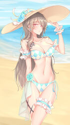  absurdres arm_behind_back bare_shoulders beach bikini blush breasts brown_hair chinese_commentary cleavage collarbone commentary_request day earrings female hat highres honkai_(series) honkai_impact_3rd jewelry large_breasts large_hat long_hair looking_at_viewer mole mole_under_eye navel ocean outdoors parted_lips pink_eyes rita_rossweisse ruo_zhishi_chu_jian solo standing sun_hat swimsuit thigh_strap water 