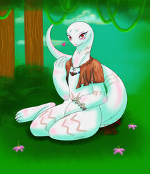  2018 4_toes albino anthro arm_markings bangle beaded_jewelry beaded_necklace beads belly belly_markings big_tail biped blush cape cape_only capelet clothing cloud crusch_lulu cute_fangs detailed_background digitigrade discopanda123 eyelashes feet female flat_chested flower grass green_sky jewelry leg_markings lizard lizardman lizardman_(overlord) long_neck long_tail looking_at_viewer markings mostly_nude neck_markings necklace orange_cape orange_clothing outside overlord_(series) pattern_cape pattern_clothing pink_markings plant red_eyes reptile scalie shaded shadow signature sitting sky smile smiling_at_viewer soft_shading solo tail tail_markings thick_tail thigh_markings toes tree tribal tribal_markings vines white_body 