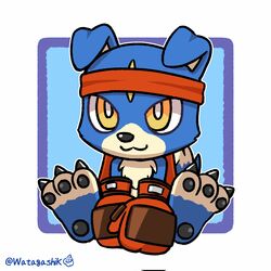  1:1 accessory anthro bandai_namco blue_body blue_fur boxing_gloves canid canine claws clothing digimon digimon_(species) fur gaomon handwear headband hi_res male mammal pawpads red_clothing signature sitting solo watagashikn yellow_eyes 