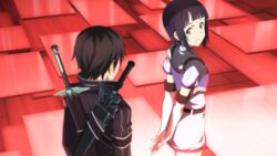  1boy arms_behind_back black_hair blue_eyes female game_cg highres kirito mole mole_under_eye non-web_source official_art sachi_(sao) short_hair smile sword sword_art_online sword_art_online:_hollow_fragment weapon 