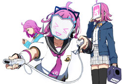  &gt;_&lt; &gt;_o :d ;d ahoge animal_ear_headphones animal_ears bad_id bad_pixiv_id black_sailor_collar black_thighhighs blue_jacket blush brown_eyes cat_ear_headphones cat_ears closed_eyes collared_shirt commentary controller cropped_torso drawstring dress_shirt fake_animal_ears female game_console game_controller gamecube grey_skirt hair_ornament headphones highres holding holding_sketchbook hood hood_down hooded_jacket icehotmilktea jacket love_live! love_live!_nijigasaki_high_school_idol_club love_live!_school_idol_festival_all_stars medium_hair multiple_views nijigasaki_school_uniform one_eye_closed open_clothes open_jacket open_mouth outstretched_arm pink_hair pleated_skirt profile puffy_short_sleeves puffy_sleeves rina-chan_board sailor_collar school_uniform serafuku shirt short_sleeves simple_background sketchbook skirt smile star_(symbol) star_hair_ornament tennoji_rina thighhighs upper_body white_background white_shirt wii_remote winter_uniform xd 