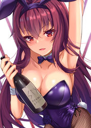  animal_ears armpits bottle bow bowtie breasts cleavage detached_collar fake_animal_ears fate/grand_order fate_(series) female gae_bolg_(fate) hairband highleg highleg_leotard highres large_breasts leotard official_alternate_costume parted_lips playboy_bunny polearm purple_bow purple_bowtie purple_hairband purple_leotard rabbit_ears scathach_(fate) scathach_(piercing_bunny)_(fate) side-tie_leotard solo spear strapless strapless_leotard weapon wine_bottle wrist_cuffs zacky 