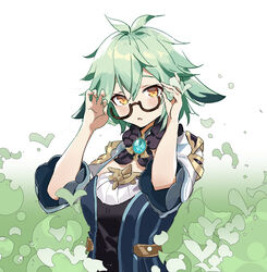  absurdres adjusting_hair animal_ears antenna_hair black_shirt cat_ears epaulettes female fur_collar gas genshin_impact glasses green_background green_hair highres jewelry no_nose open_mouth pinstripe_pattern pinstripe_shirt pocket semi-rimless_eyewear shark_(brseerd) shirt short_sleeves sidelocks solo striped sucrose_(genshin_impact) two-tone_background undershirt vision_(genshin_impact) white_background 