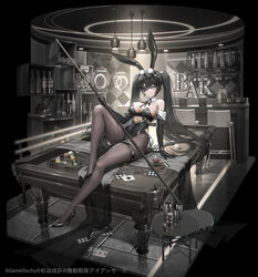  ace_of_spades animal_ears ball bangs bar billiard_ball billiards black_footwear black_gloves black_hair black_leotard bottle breasts brown_pantyhose card cleavage closed_mouth cue_stick d._(ddot2018) detached_collar elbow_gloves eyepatch fake_animal_ears female gloves hair_between_eyes high_heels highres holding_cue_stick indoors iron_saga large_breasts leotard long_hair pantyhose playing_card pool_table rabbit_ears serenity_(iron_saga) shoes shoes_removed single_shoe sitting sitting_on_table solo spade_(shape) strapless strapless_leotard table thigh_strap very_long_hair 