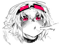  absurdres black_choker blush cheek_poking choker female goggles goggles_on_head hair_between_eyes hair_intakes highres niwamaru_(niwarhythm) niwarhythm open_mouth original parted_lips poking portrait red_eyes short_hair simple_background solo_focus steam steam_from_mouth tearing_up tears trembling white_background 