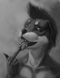  2020 anthro black_and_white bust_portrait canid canine canis closed_eyes digital_media_(artwork) dimonis domestic_dog female finger_to_mouth fur greyscale greyscale_background mammal mastiff molosser monochrome open_mouth portrait rottweiler roxadelic signature smile solo tongue watermark 