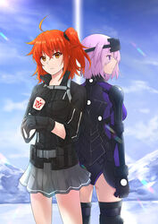  2girls ahoge armor armored_leotard ass back-to-back black_gloves black_leotard black_scrunchie black_shirt command_spell commentary english_commentary fate/grand_order fate_(series) fujimaru_ritsuka_(female) fujimaru_ritsuka_(female)_(polar_chaldea_uniform) gloves grey_skirt hair_ornament hair_scrunchie leotard light_purple_hair looking_away mash_kyrielight mash_kyrielight_(ortenaus) miniskirt multiple_girls orange_eyes orange_hair outdoors pandagirlz pleated_skirt purple_eyes scrunchie shirt short_hair side_ponytail skirt sky sleeves_rolled_up 