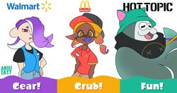  :3 abilitayy absurd_res animal_humanoid anthro big_man_(splatoon) cephalopod cephalopod_humanoid clothing deep_cut_(splatoon) female fish frye_(splatoon) grey_body group hat headgear headwear hi_res hot_topic humanoid inkling male manta_ray marine marine_humanoid mcdonald&#039;s mollusk mollusk_humanoid nintendo octarian octoling ray_(fish) shiver_(splatoon) splatfest splatoon stingray trio visor_cap walmart 