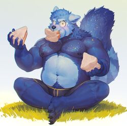  ailurid anthro belly black_clothing black_underwear blue_body blue_eyes blue_fur blush bodily_fluids cake clothing crossed_legs dessert eating eating_cake eating_food fluffy fluffy_tail food fur glitter grass heterochromia hi_res holding_cake holding_food holding_object looking_at_viewer male mammal markings musclegut muscular muscular_anthro muscular_male nipples papyuuno pecs plant red_panda simple_background sitting slice_of_cake slightly_chubby solo striped_markings striped_tail stripes stuffing sweat sweatdrop tail tail_markings underwear white_background wide_eyed yellow_eyes 