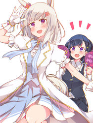  2girls :d animal_ears arm_up black_hair black_pants black_vest blue_bow blue_flower blue_skirt blue_vest blush bow brooch collared_shirt commentary_request dress_shirt feet_out_of_frame flower frilled_shirt_collar frills grey_hair hair_flower hair_ornament hairclip hand_fan happy_meek_(umamusume) highres holding holding_fan horse_ears horse_girl horse_tail jacket jewelry kiryuuin_aoi long_sleeves multiple_girls notice_lines open_clothes open_jacket open_mouth pants paper_fan pleated_skirt puffy_short_sleeves puffy_sleeves purple_eyes red_flower rinrin_(927413) shirt short_sleeves simple_background skirt smile standing standing_on_one_leg striped striped_bow tail uchiwa umamusume vest white_background white_jacket white_shirt 