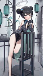  absurdres black_dress black_gloves black_hair blue_archive braid braided_bun breasts butterfly_hair_ornament china_dress chinese_clothes coat commentary cosplay double_bun dragon_print dress female gloves grey_eyes grey_halo hair_bun hair_ornament halo hidulume highres jacket kisaki_(blue_archive) kisaki_(blue_archive)_(cosplay) long_hair looking_at_viewer pelvic_curtain pinstripe_jacket pinstripe_pattern print_dress sleeveless sleeveless_dress small_breasts solo striped_clothes striped_coat striped_jacket twintails vertical-striped_clothes vertical-striped_coat vertical-striped_jacket 