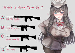  absurdres alphabet ascot ass battle_rifle belt belt_buckle black_belt blue_eyes blush bow bowtie breasts brooch brown_hair brown_pantyhose buckle buttons cabbie_hat choice circled coat collared_shirt cowboy_shot crossed_out double-breasted drill_hair drill_sidelocks english_text explosive eyelashes female fn_fal gem girls&#039;_frontline gloves grenade grey_background grey_coat gun h&amp;k_g3 hand_on_own_hip hat hat_bow heart highres howa_type_64 howa_type_64_(an_unsuitable_job_for_her)_(girls&#039;_frontline) howa_type_64_(girls&#039;_frontline) huge_breasts jewelry lapels leaning_forward long_hair long_sleeves look-alike looking_at_viewer martinreaction neck_ribbon nose_blush notched_lapels official_alternate_costume open_mouth pantyhose ported_barrel quiz red_gemstone red_ribbon ribbon rifle shirt sidelocks sig_sg510 silhouette simple_background smoke_grenade solo strap very_long_hair weapon weapon_name white_bow white_hat white_shirt x 