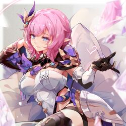  armpit_peek asymmetrical_sleeves blue_eyes blush breasts brooch closed_mouth commentary_request elbow_gloves elf elysia_(honkai_impact) elysia_(miss_pink_elf)_(honkai_impact) female gloves hair_ornament honkai_(series) honkai_impact_3rd jewelry large_breasts looking_at_viewer medium_hair pink_hair pointy_ears single_glove smile solo zomzomzomsauce 