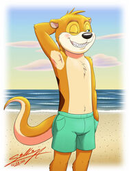  anthro arm_by_side beach bent_arm bottomwear clothing hand_behind_head legs_together male mammal mustelid otter raised_arm sagadreams sea seaside shorts signature solo standing star star_font star_in_signature star_polygon straight_arm straight_legs swimming_trunks swimwear tail water wavy_tail 